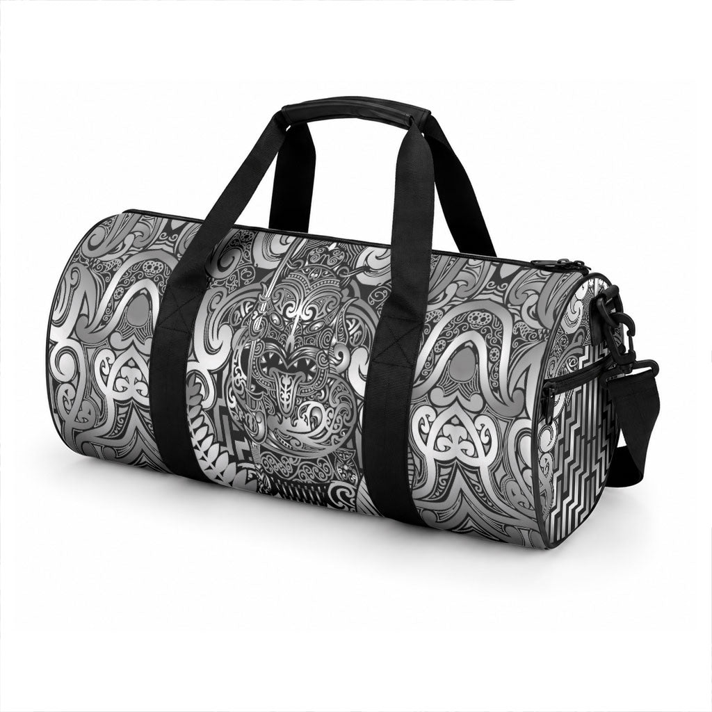 New Zealand Taiaha Maori Duffle Bag Kiwikiwi Minimalist Silver Fern Tukutuku Motif