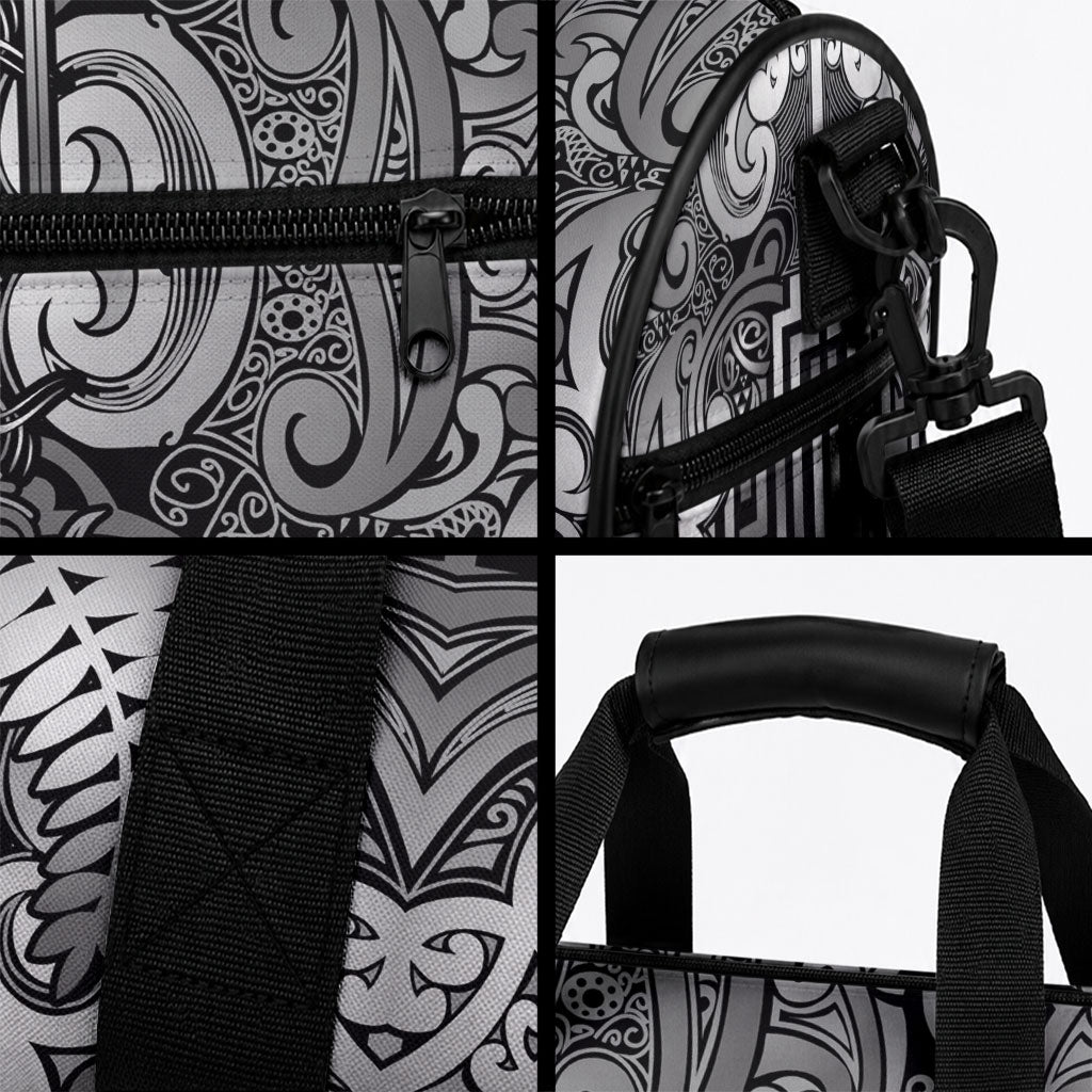 New Zealand Taiaha Maori Duffle Bag Kiwikiwi Minimalist Silver Fern Tukutuku Motif