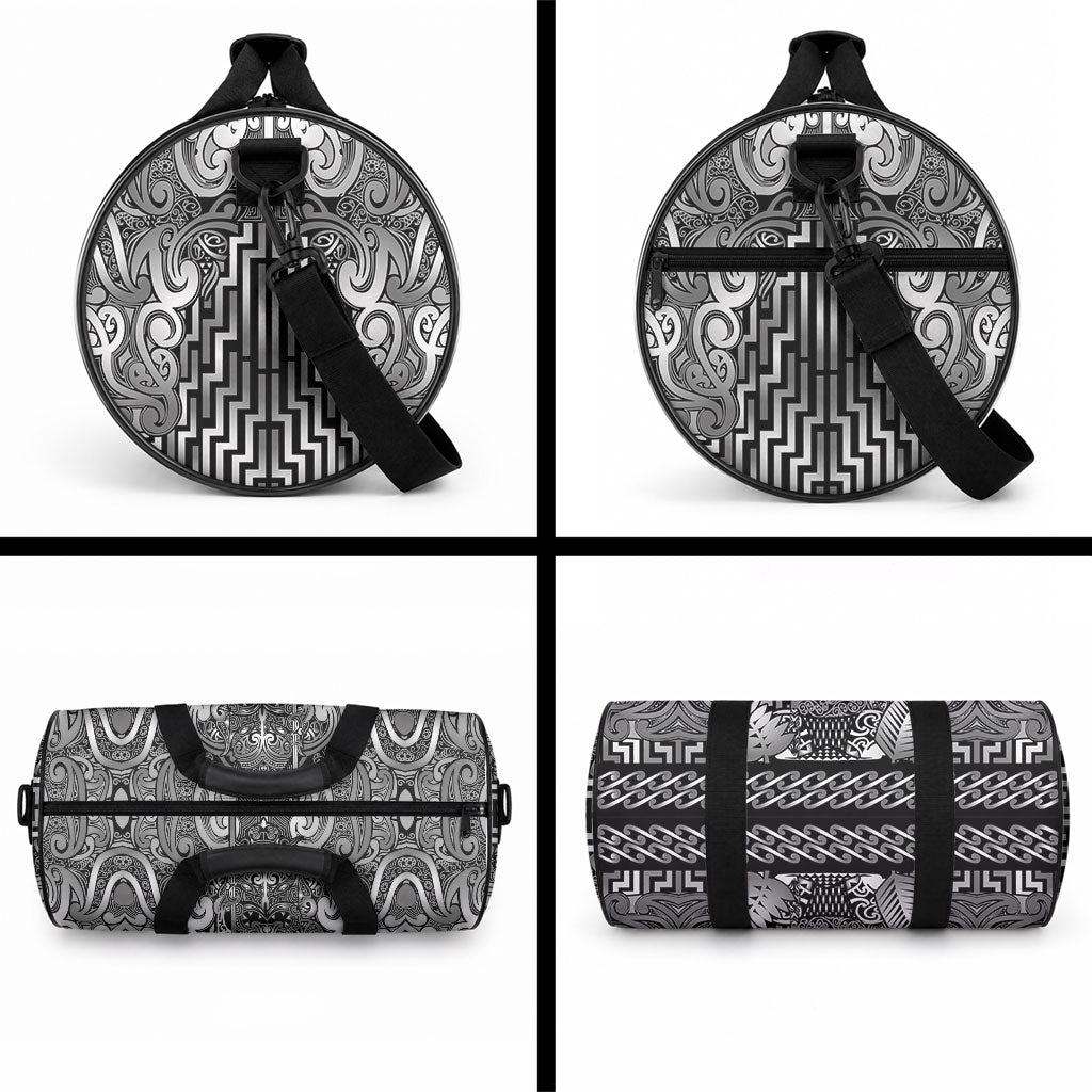 New Zealand Taiaha Maori Duffle Bag Kiwikiwi Minimalist Silver Fern Tukutuku Motif