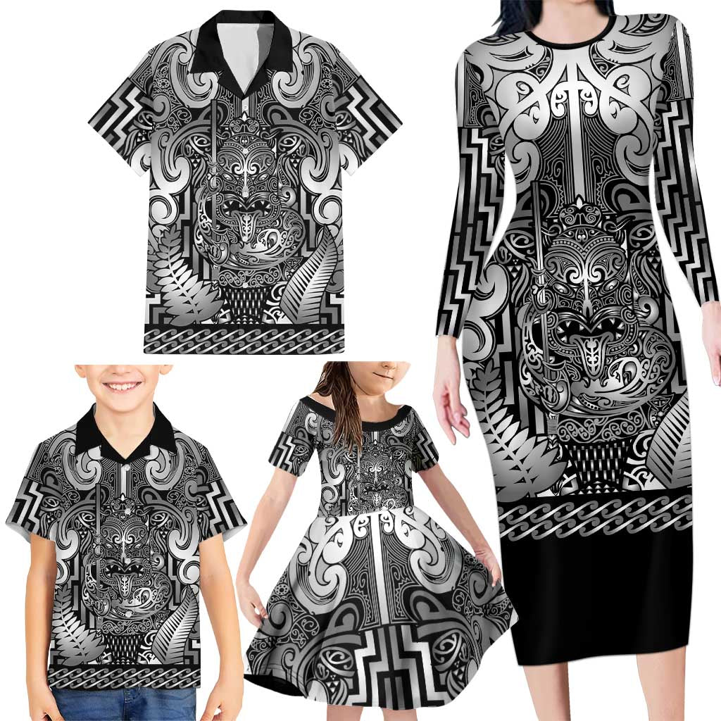 Custom New Zealand Taiaha Maori Family Matching Long Sleeve Bodycon Dress and Hawaiian Shirt Kiwikiwi Minimalist Silver Fern Tukutuku Motif