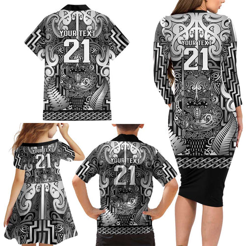 Custom New Zealand Taiaha Maori Family Matching Long Sleeve Bodycon Dress and Hawaiian Shirt Kiwikiwi Minimalist Silver Fern Tukutuku Motif