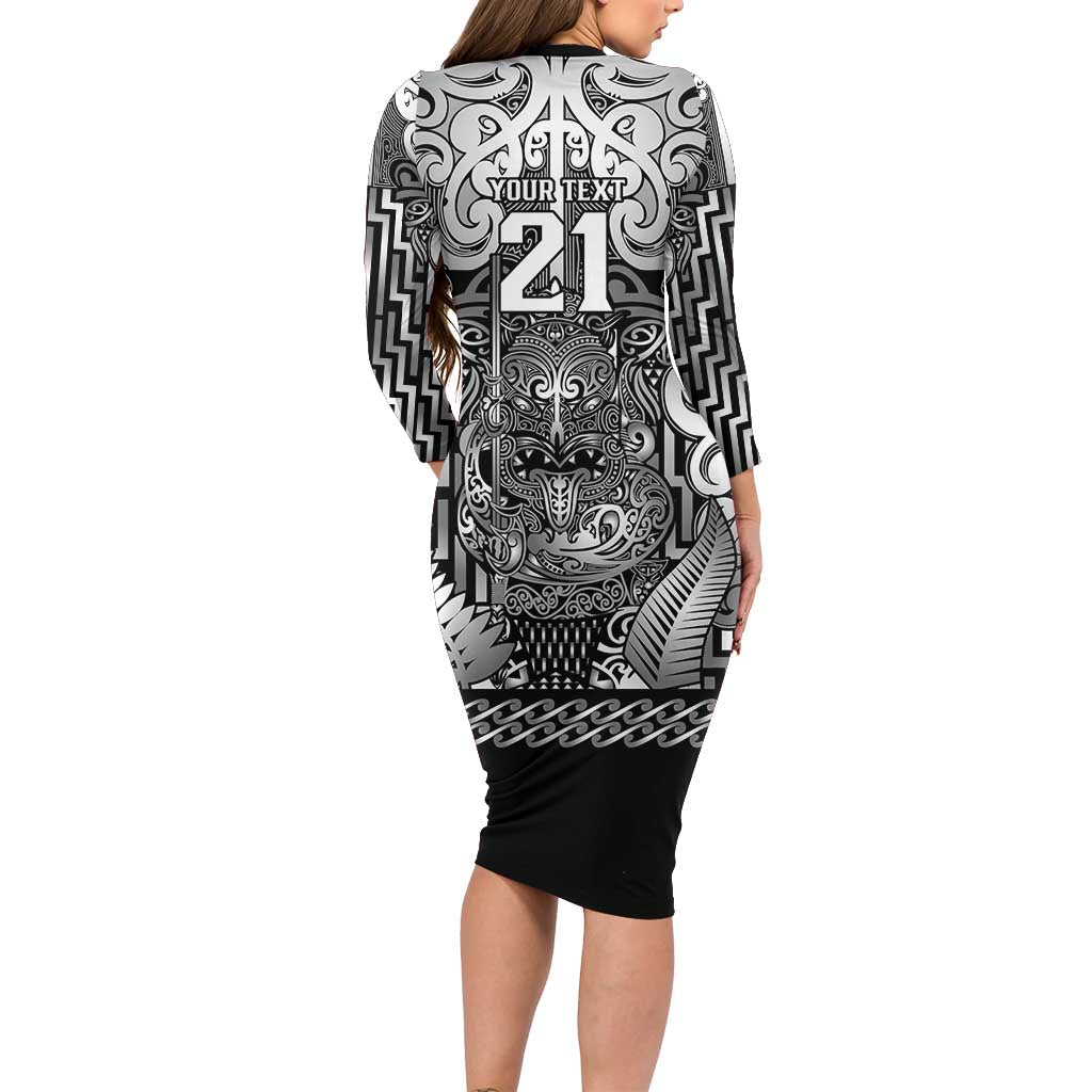 Custom New Zealand Taiaha Maori Family Matching Long Sleeve Bodycon Dress and Hawaiian Shirt Kiwikiwi Minimalist Silver Fern Tukutuku Motif