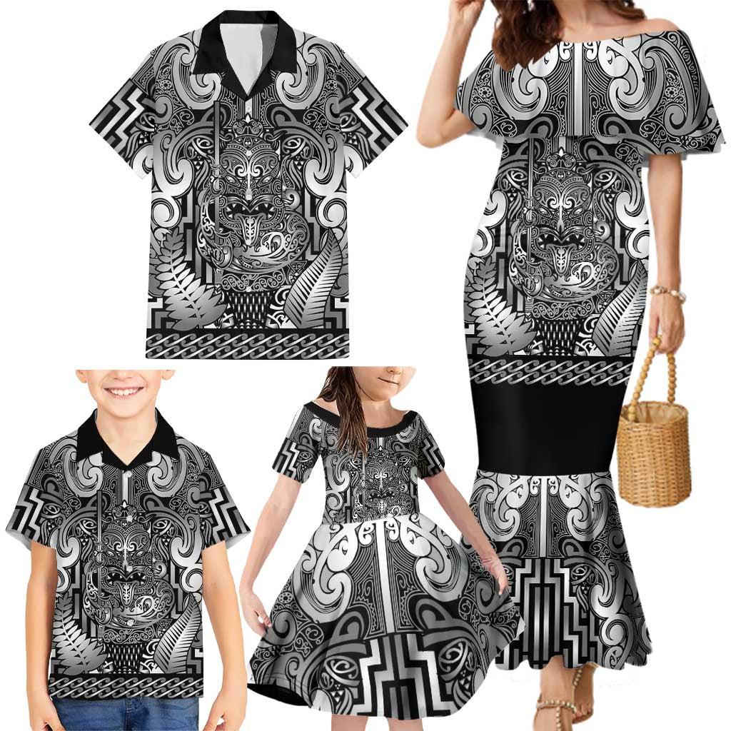 Custom New Zealand Taiaha Maori Family Matching Mermaid Dress and Hawaiian Shirt Kiwikiwi Minimalist Silver Fern Tukutuku Motif