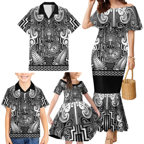 Custom New Zealand Taiaha Maori Family Matching Mermaid Dress and Hawaiian Shirt Kiwikiwi Minimalist Silver Fern Tukutuku Motif
