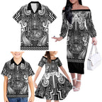 Custom New Zealand Taiaha Maori Family Matching Off The Shoulder Long Sleeve Dress and Hawaiian Shirt Kiwikiwi Minimalist Silver Fern Tukutuku Motif