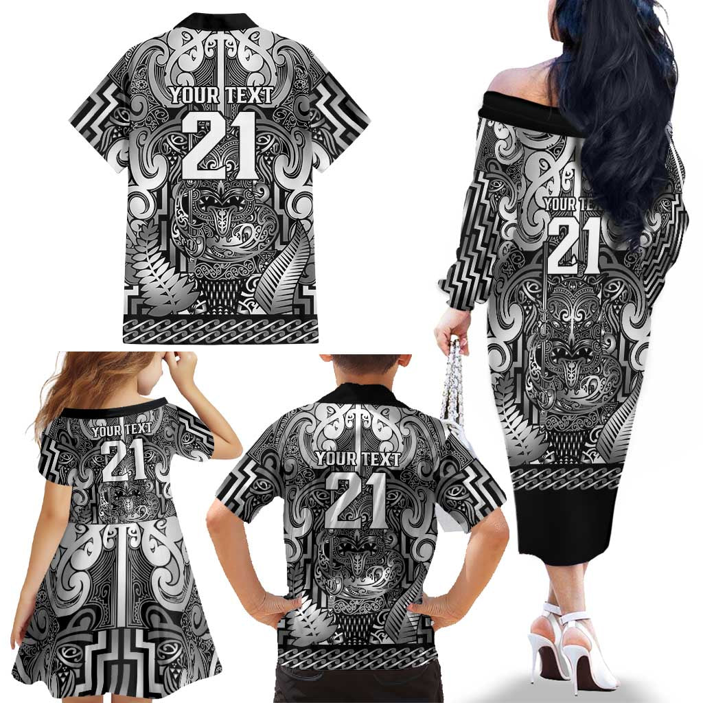 Custom New Zealand Taiaha Maori Family Matching Off The Shoulder Long Sleeve Dress and Hawaiian Shirt Kiwikiwi Minimalist Silver Fern Tukutuku Motif