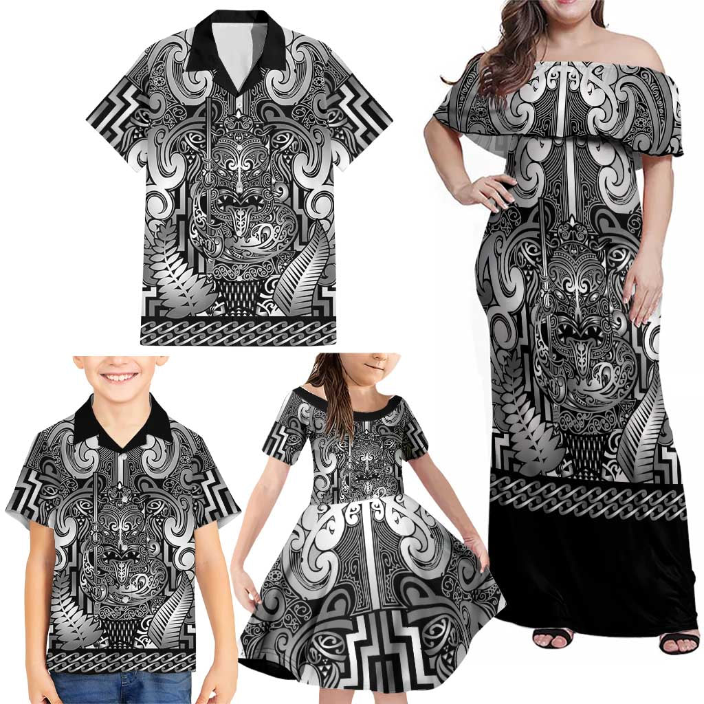 Custom New Zealand Taiaha Maori Family Matching Off Shoulder Maxi Dress and Hawaiian Shirt Kiwikiwi Minimalist Silver Fern Tukutuku Motif
