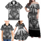 Custom New Zealand Taiaha Maori Family Matching Off Shoulder Maxi Dress and Hawaiian Shirt Kiwikiwi Minimalist Silver Fern Tukutuku Motif