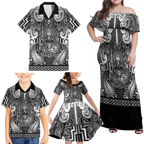 Custom New Zealand Taiaha Maori Family Matching Off Shoulder Maxi Dress and Hawaiian Shirt Kiwikiwi Minimalist Silver Fern Tukutuku Motif