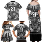 Custom New Zealand Taiaha Maori Family Matching Off Shoulder Maxi Dress and Hawaiian Shirt Kiwikiwi Minimalist Silver Fern Tukutuku Motif