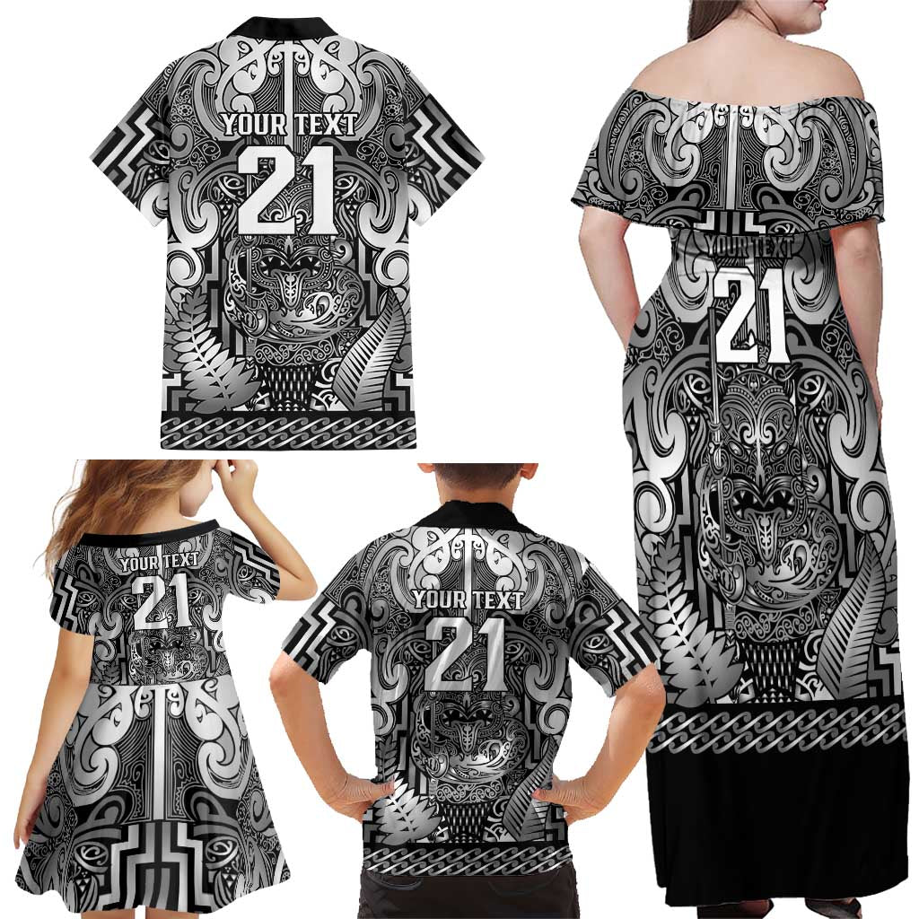 Custom New Zealand Taiaha Maori Family Matching Off Shoulder Maxi Dress and Hawaiian Shirt Kiwikiwi Minimalist Silver Fern Tukutuku Motif