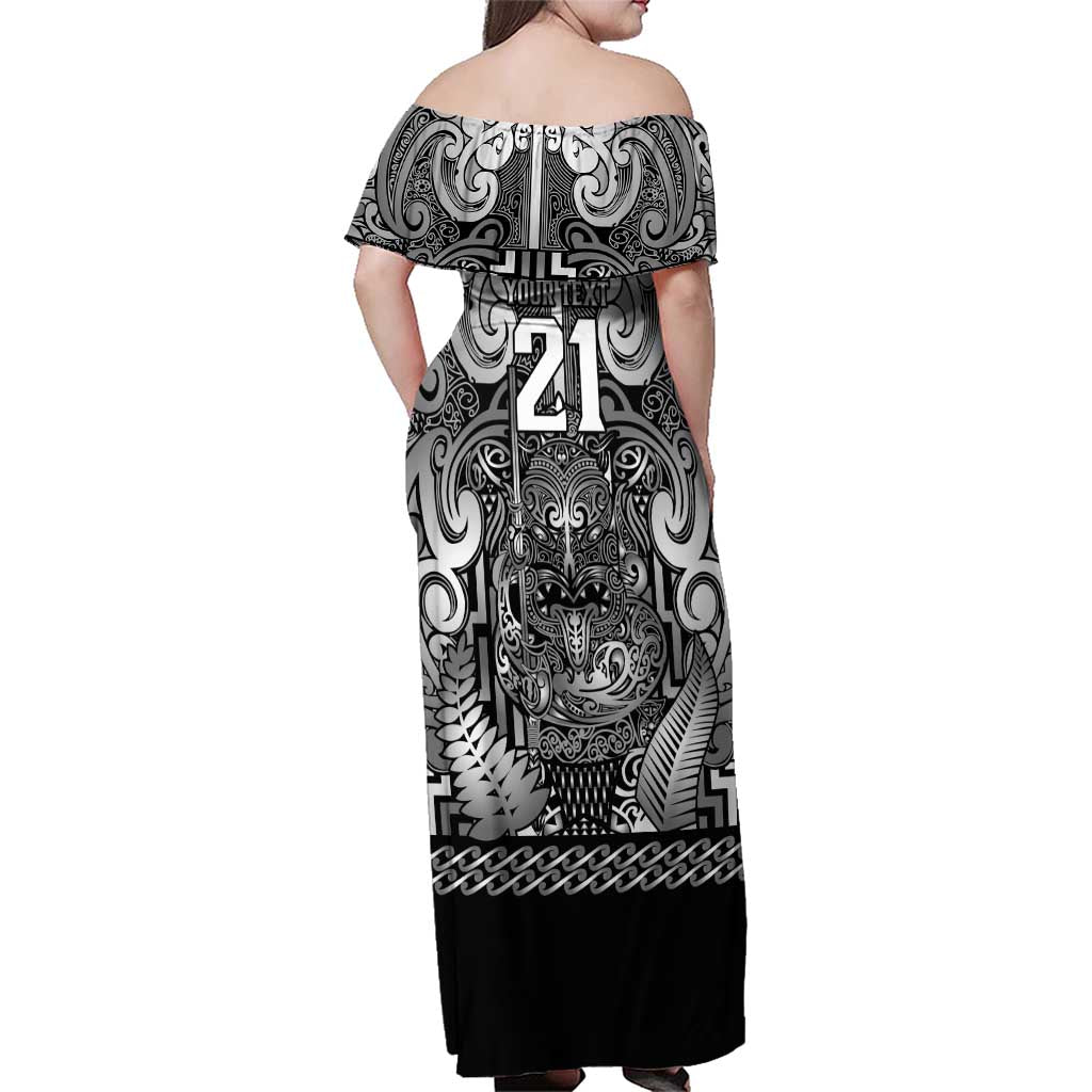 Custom New Zealand Taiaha Maori Family Matching Off Shoulder Maxi Dress and Hawaiian Shirt Kiwikiwi Minimalist Silver Fern Tukutuku Motif
