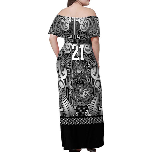 Custom New Zealand Taiaha Maori Family Matching Off Shoulder Maxi Dress and Hawaiian Shirt Kiwikiwi Minimalist Silver Fern Tukutuku Motif