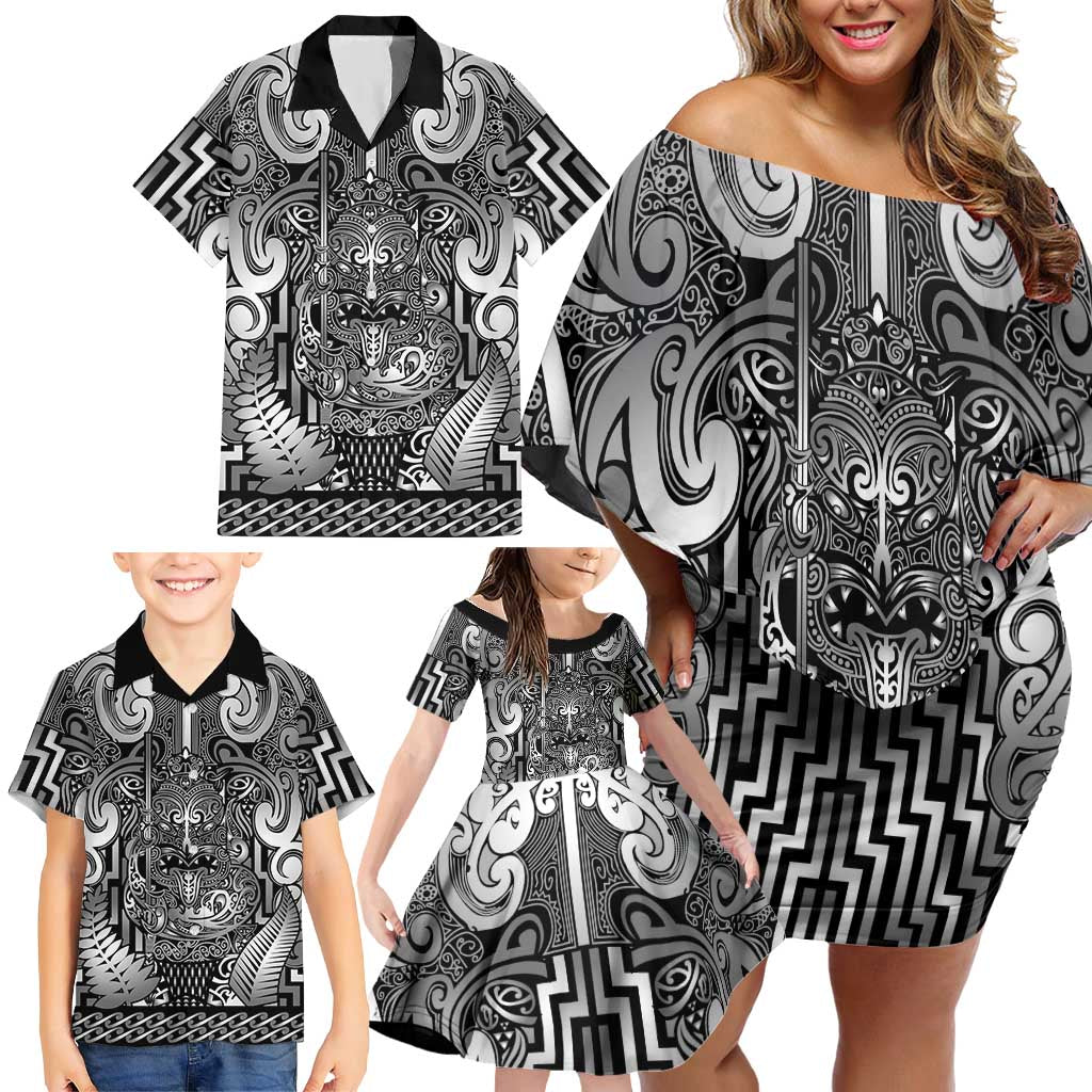 Custom New Zealand Taiaha Maori Family Matching Off Shoulder Short Dress and Hawaiian Shirt Kiwikiwi Minimalist Silver Fern Tukutuku Motif