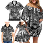Custom New Zealand Taiaha Maori Family Matching Off Shoulder Short Dress and Hawaiian Shirt Kiwikiwi Minimalist Silver Fern Tukutuku Motif