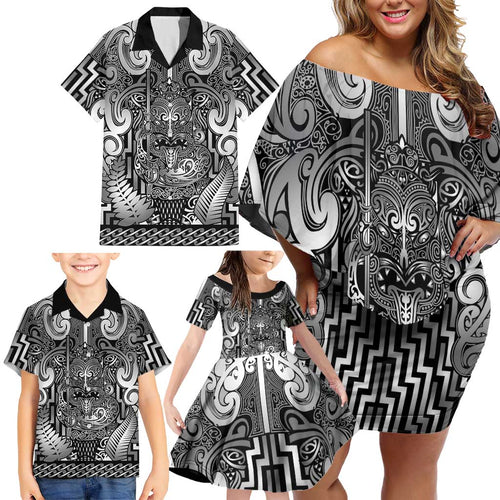 Custom New Zealand Taiaha Maori Family Matching Off Shoulder Short Dress and Hawaiian Shirt Kiwikiwi Minimalist Silver Fern Tukutuku Motif