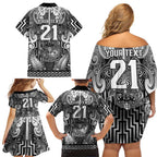 Custom New Zealand Taiaha Maori Family Matching Off Shoulder Short Dress and Hawaiian Shirt Kiwikiwi Minimalist Silver Fern Tukutuku Motif