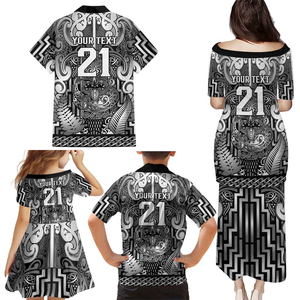 Custom New Zealand Taiaha Maori Family Matching Puletasi and Hawaiian Shirt Kiwikiwi Minimalist Silver Fern Tukutuku Motif