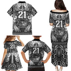 Custom New Zealand Taiaha Maori Family Matching Puletasi and Hawaiian Shirt Kiwikiwi Minimalist Silver Fern Tukutuku Motif