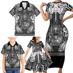 Custom New Zealand Taiaha Maori Family Matching Short Sleeve Bodycon Dress and Hawaiian Shirt Kiwikiwi Minimalist Silver Fern Tukutuku Motif