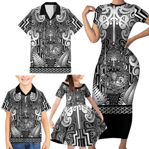 Custom New Zealand Taiaha Maori Family Matching Short Sleeve Bodycon Dress and Hawaiian Shirt Kiwikiwi Minimalist Silver Fern Tukutuku Motif