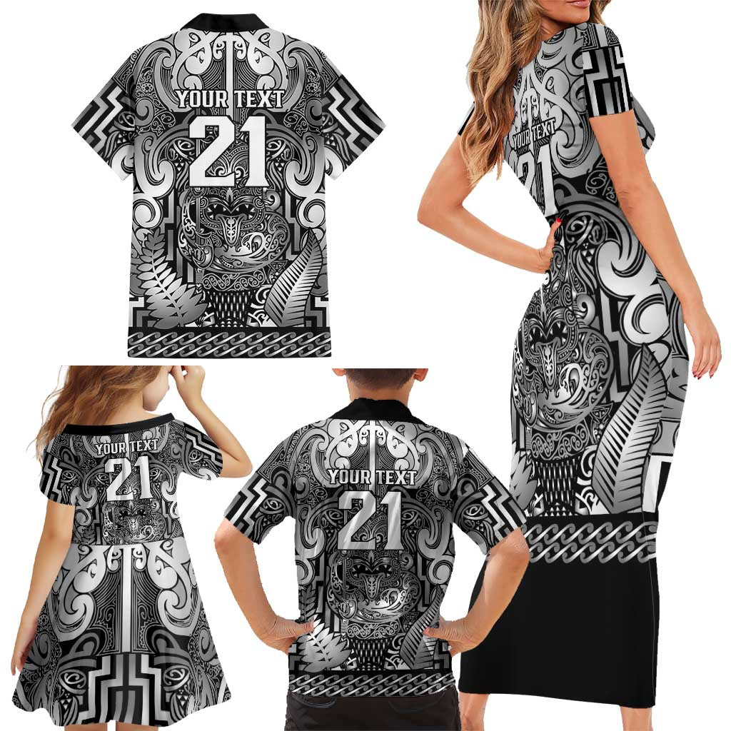 Custom New Zealand Taiaha Maori Family Matching Short Sleeve Bodycon Dress and Hawaiian Shirt Kiwikiwi Minimalist Silver Fern Tukutuku Motif
