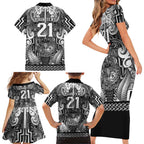 Custom New Zealand Taiaha Maori Family Matching Short Sleeve Bodycon Dress and Hawaiian Shirt Kiwikiwi Minimalist Silver Fern Tukutuku Motif