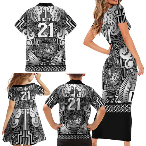 Custom New Zealand Taiaha Maori Family Matching Short Sleeve Bodycon Dress and Hawaiian Shirt Kiwikiwi Minimalist Silver Fern Tukutuku Motif