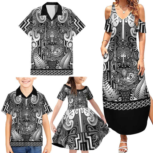 Custom New Zealand Taiaha Maori Family Matching Summer Maxi Dress and Hawaiian Shirt Kiwikiwi Minimalist Silver Fern Tukutuku Motif