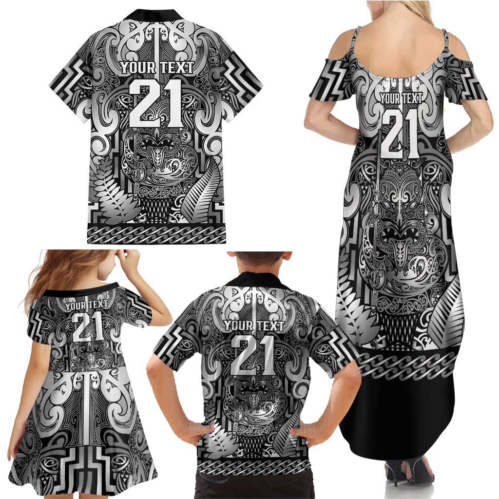 Custom New Zealand Taiaha Maori Family Matching Summer Maxi Dress and Hawaiian Shirt Kiwikiwi Minimalist Silver Fern Tukutuku Motif