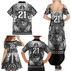 Custom New Zealand Taiaha Maori Family Matching Summer Maxi Dress and Hawaiian Shirt Kiwikiwi Minimalist Silver Fern Tukutuku Motif
