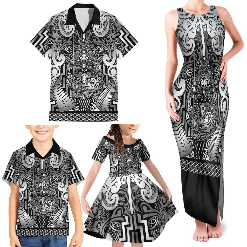 Custom New Zealand Taiaha Maori Family Matching Tank Maxi Dress and Hawaiian Shirt Kiwikiwi Minimalist Silver Fern Tukutuku Motif