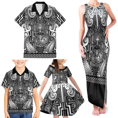 Custom New Zealand Taiaha Maori Family Matching Tank Maxi Dress and Hawaiian Shirt Kiwikiwi Minimalist Silver Fern Tukutuku Motif