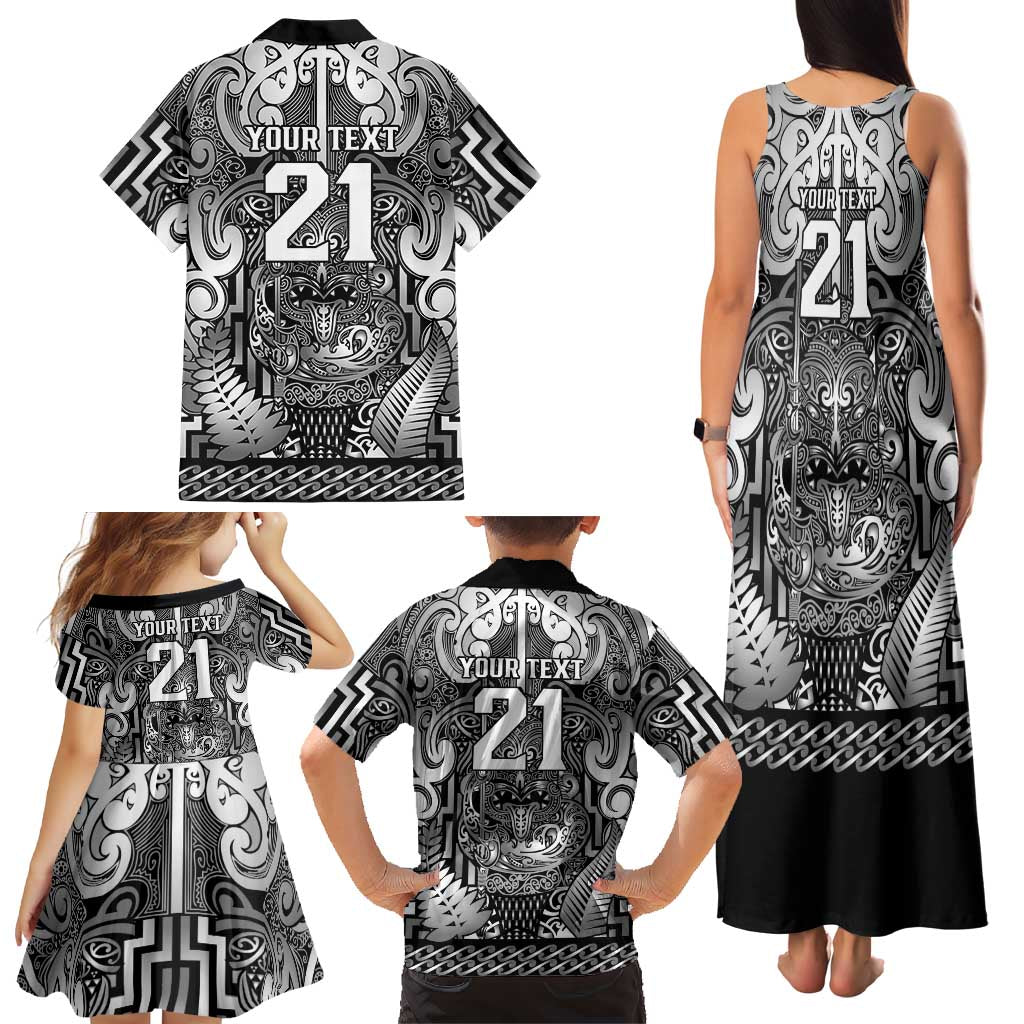 Custom New Zealand Taiaha Maori Family Matching Tank Maxi Dress and Hawaiian Shirt Kiwikiwi Minimalist Silver Fern Tukutuku Motif