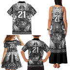 Custom New Zealand Taiaha Maori Family Matching Tank Maxi Dress and Hawaiian Shirt Kiwikiwi Minimalist Silver Fern Tukutuku Motif