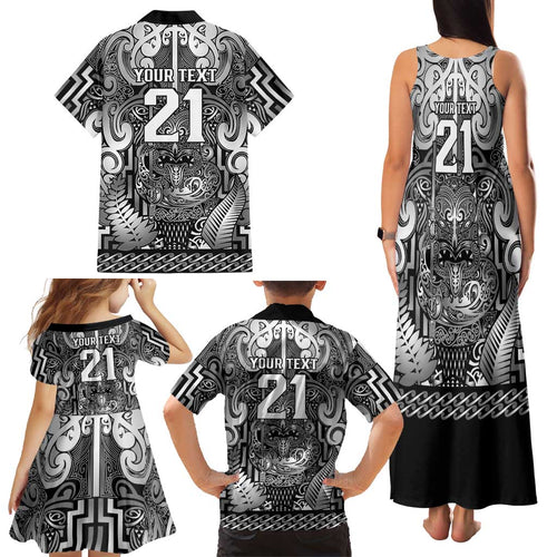 Custom New Zealand Taiaha Maori Family Matching Tank Maxi Dress and Hawaiian Shirt Kiwikiwi Minimalist Silver Fern Tukutuku Motif