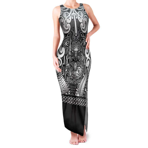 Custom New Zealand Taiaha Maori Family Matching Tank Maxi Dress and Hawaiian Shirt Kiwikiwi Minimalist Silver Fern Tukutuku Motif