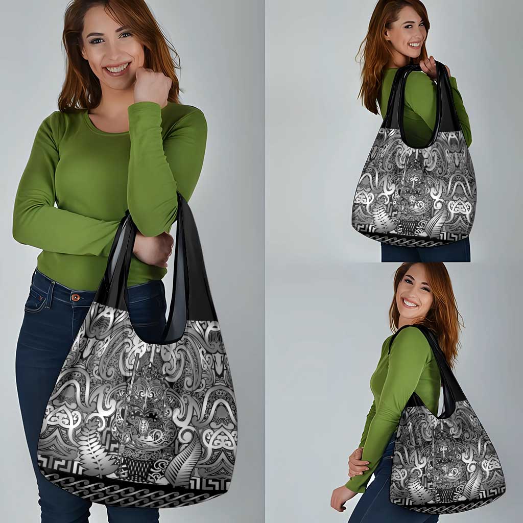 New Zealand Taiaha Maori Grocery Bag Kiwikiwi Minimalist Silver Fern Tukutuku Motif