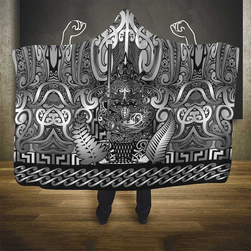 New Zealand Taiaha Maori Hooded Blanket Kiwikiwi Minimalist Silver Fern Tukutuku Motif