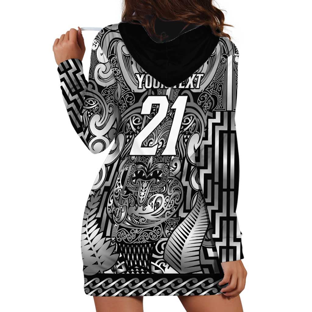 Custom New Zealand Taiaha Maori Hoodie Dress Kiwikiwi Minimalist Silver Fern Tukutuku Motif