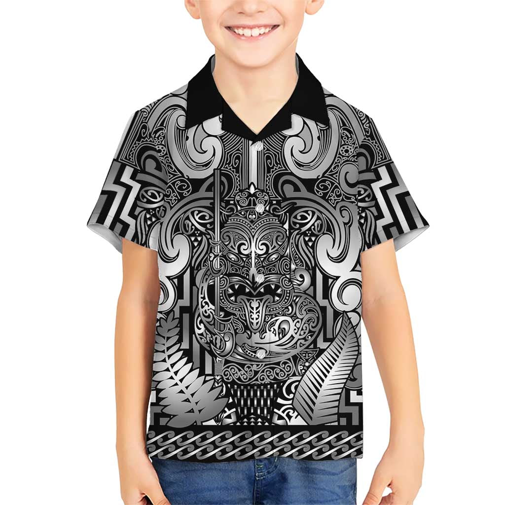 Custom New Zealand Taiaha Maori Kid Hawaiian Shirt Kiwikiwi Minimalist Silver Fern Tukutuku Motif