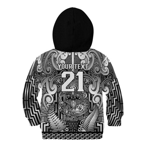 Custom New Zealand Taiaha Maori Kid Hoodie Kiwikiwi Minimalist Silver Fern Tukutuku Motif