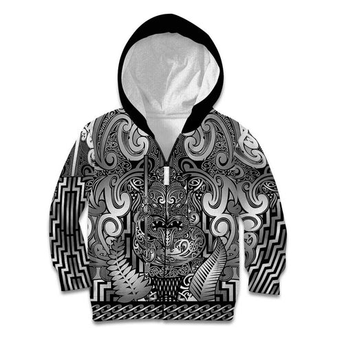 Custom New Zealand Taiaha Maori Kid Hoodie Kiwikiwi Minimalist Silver Fern Tukutuku Motif