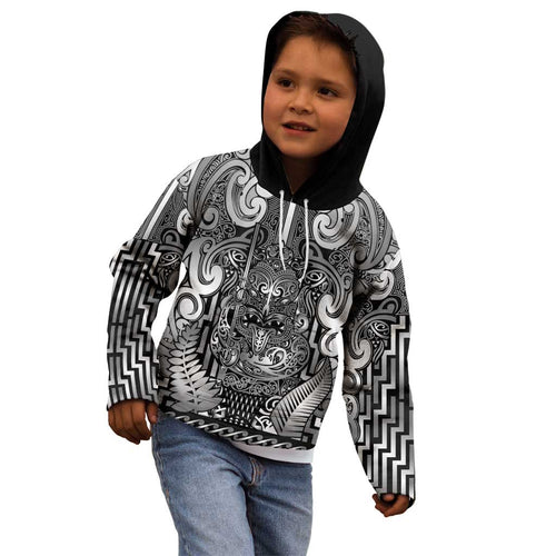 Custom New Zealand Taiaha Maori Kid Hoodie Kiwikiwi Minimalist Silver Fern Tukutuku Motif