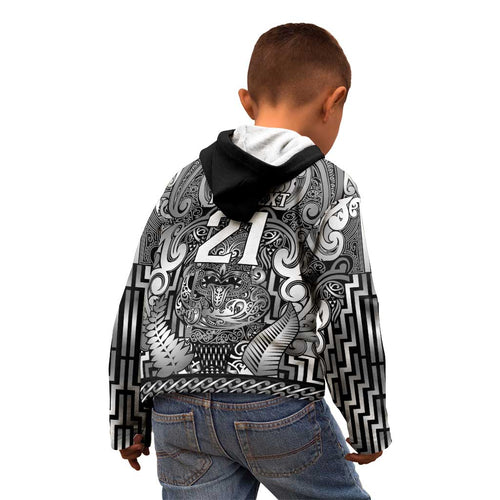 Custom New Zealand Taiaha Maori Kid Hoodie Kiwikiwi Minimalist Silver Fern Tukutuku Motif