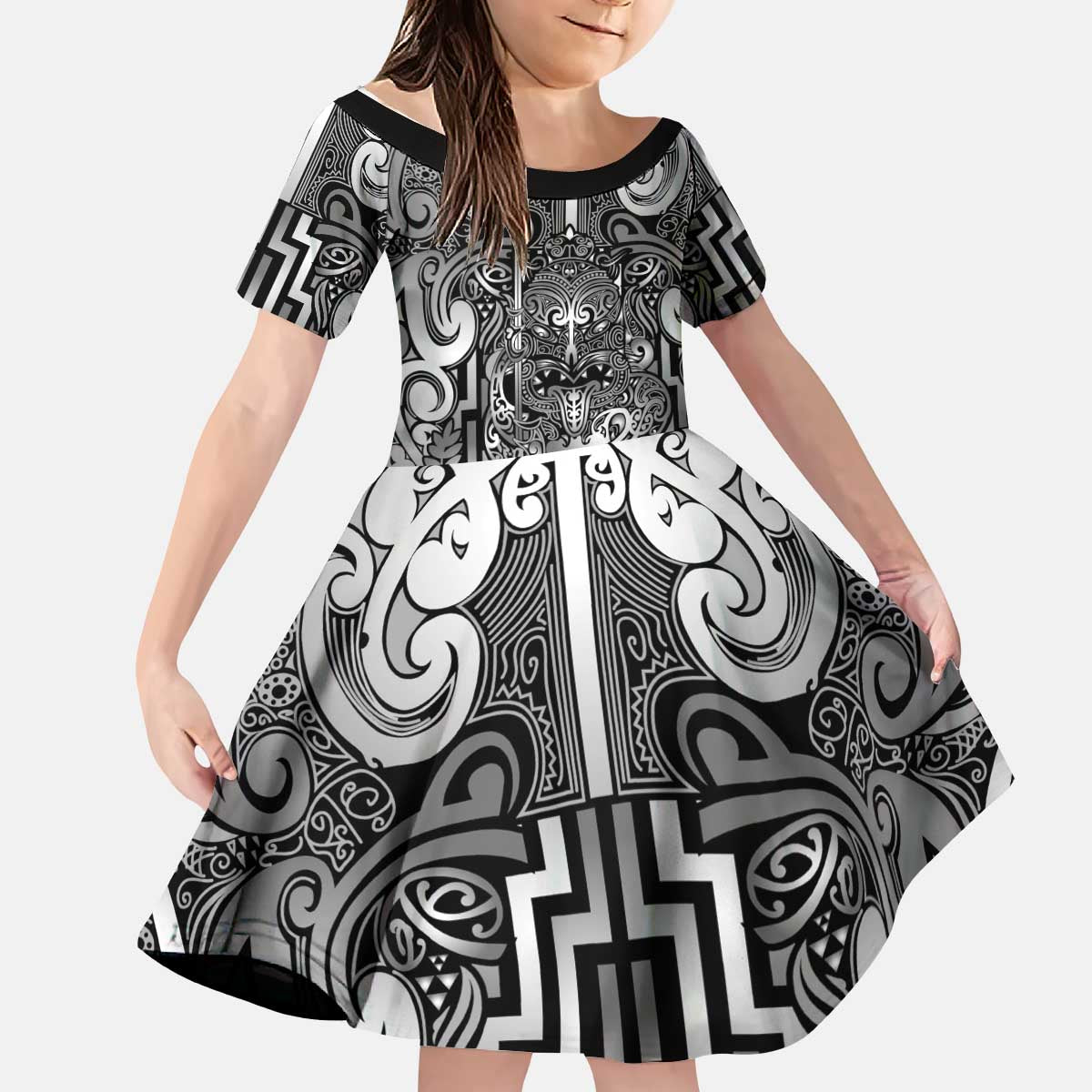 Custom New Zealand Taiaha Maori Kid Short Sleeve Dress Kiwikiwi Minimalist Silver Fern Tukutuku Motif