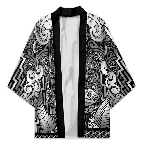 Custom New Zealand Taiaha Maori Kimono Kiwikiwi Minimalist Silver Fern Tukutuku Motif