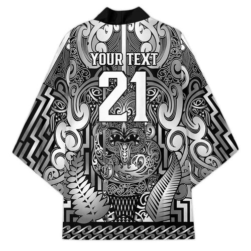 Custom New Zealand Taiaha Maori Kimono Kiwikiwi Minimalist Silver Fern Tukutuku Motif