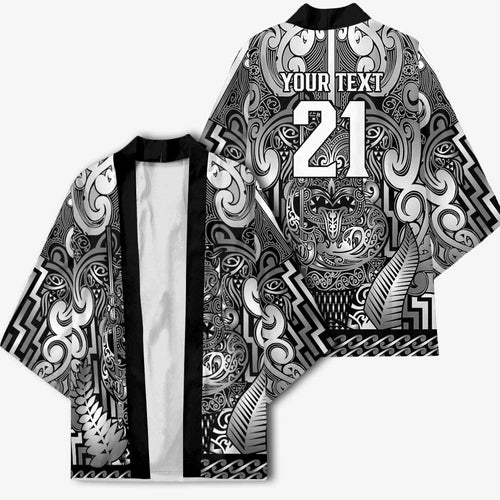 Custom New Zealand Taiaha Maori Kimono Kiwikiwi Minimalist Silver Fern Tukutuku Motif