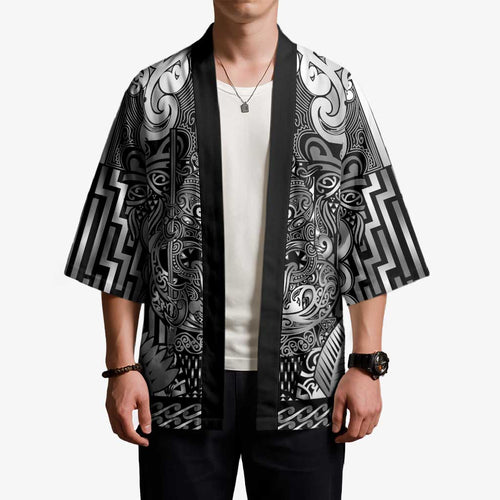 Custom New Zealand Taiaha Maori Kimono Kiwikiwi Minimalist Silver Fern Tukutuku Motif